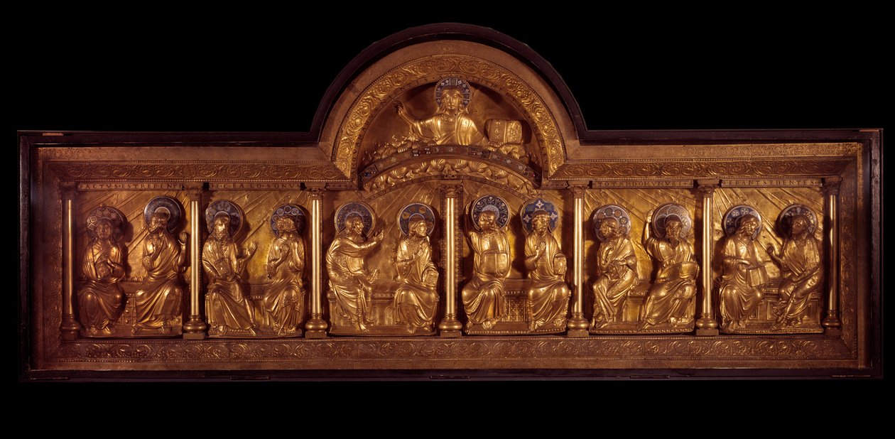 Románské umění: oltářní obraz Pentecote: antependium ve dřevě, mědi a smaltu. Ze Stavelotu (Meuse) Kolem 1160-1170. Paříž, Národní muzeum středověku, Thermes de Cluny od French School