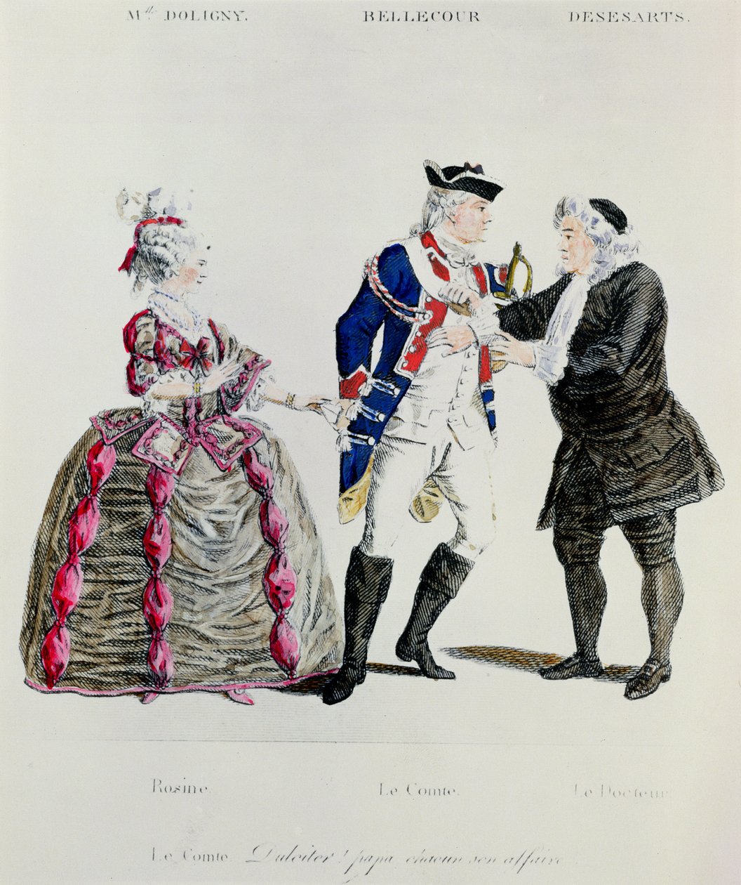 Rosine, hrabě Almaviva a doktor, scéna z dějství II scéna 13 Lazebníka sevillského od Pierra Augustina Carona de Beamarchaise (1732-99) od French School