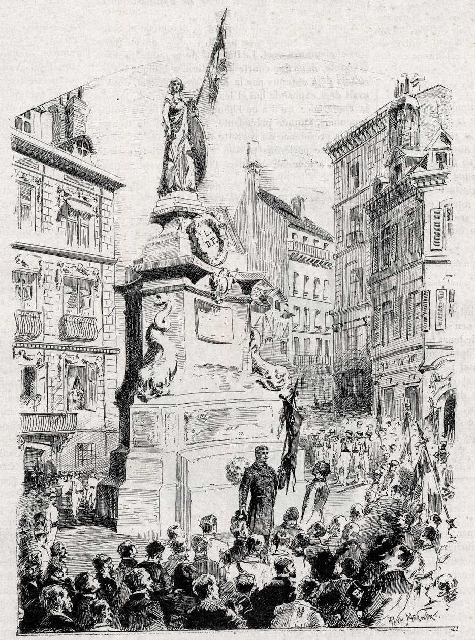 Rouen: členové Ligy vlastenců před sochou Johanky z Arc- kresba Paula Merwarta pro „“ vlajku – slavný monitor Ligy vlastenců“ – 1884 od French School