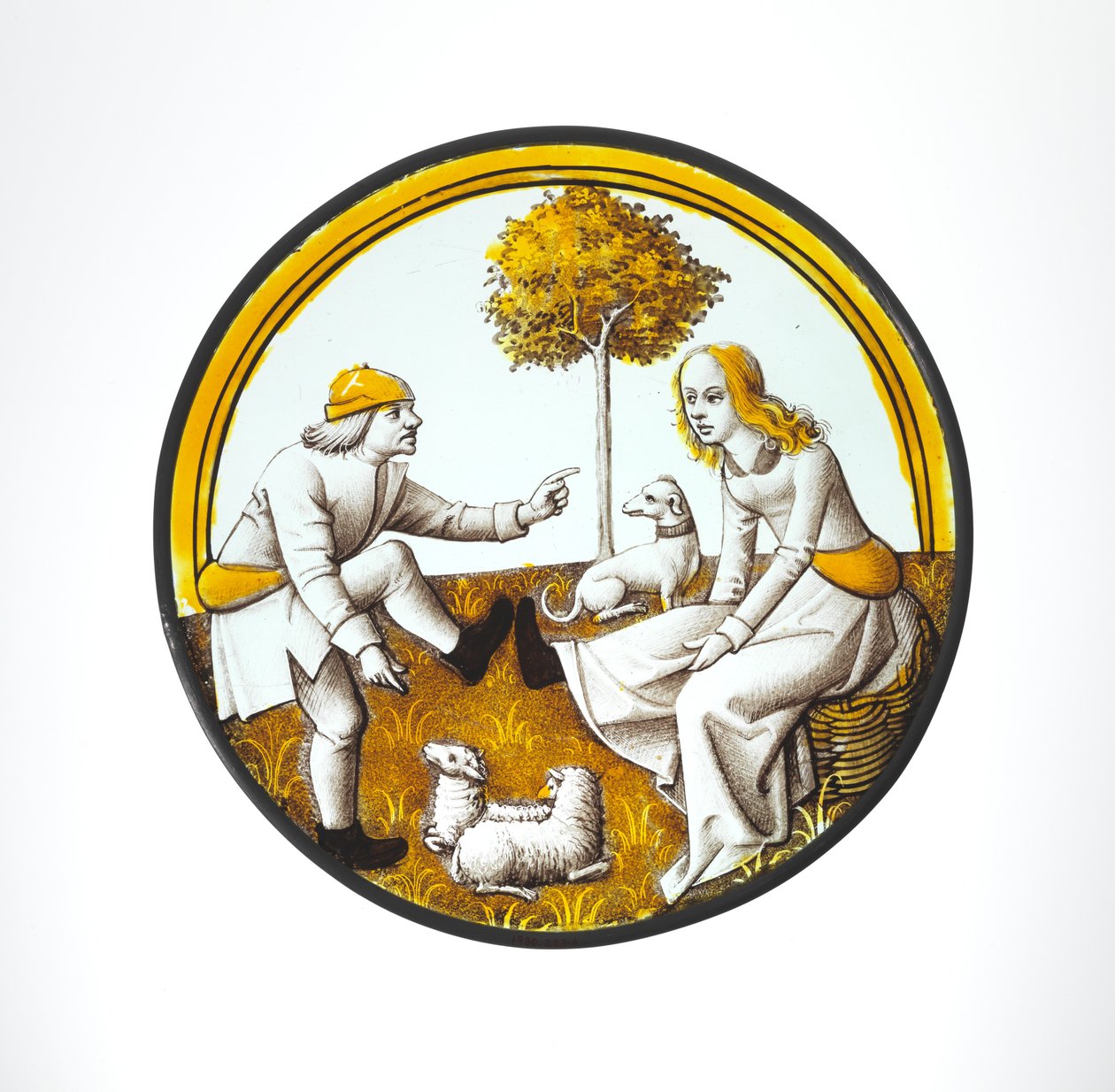 Rondel with Couple Playing at Quintain, cca 1500 (sklo, sklovitá barva a stříbrná skvrna) od French School