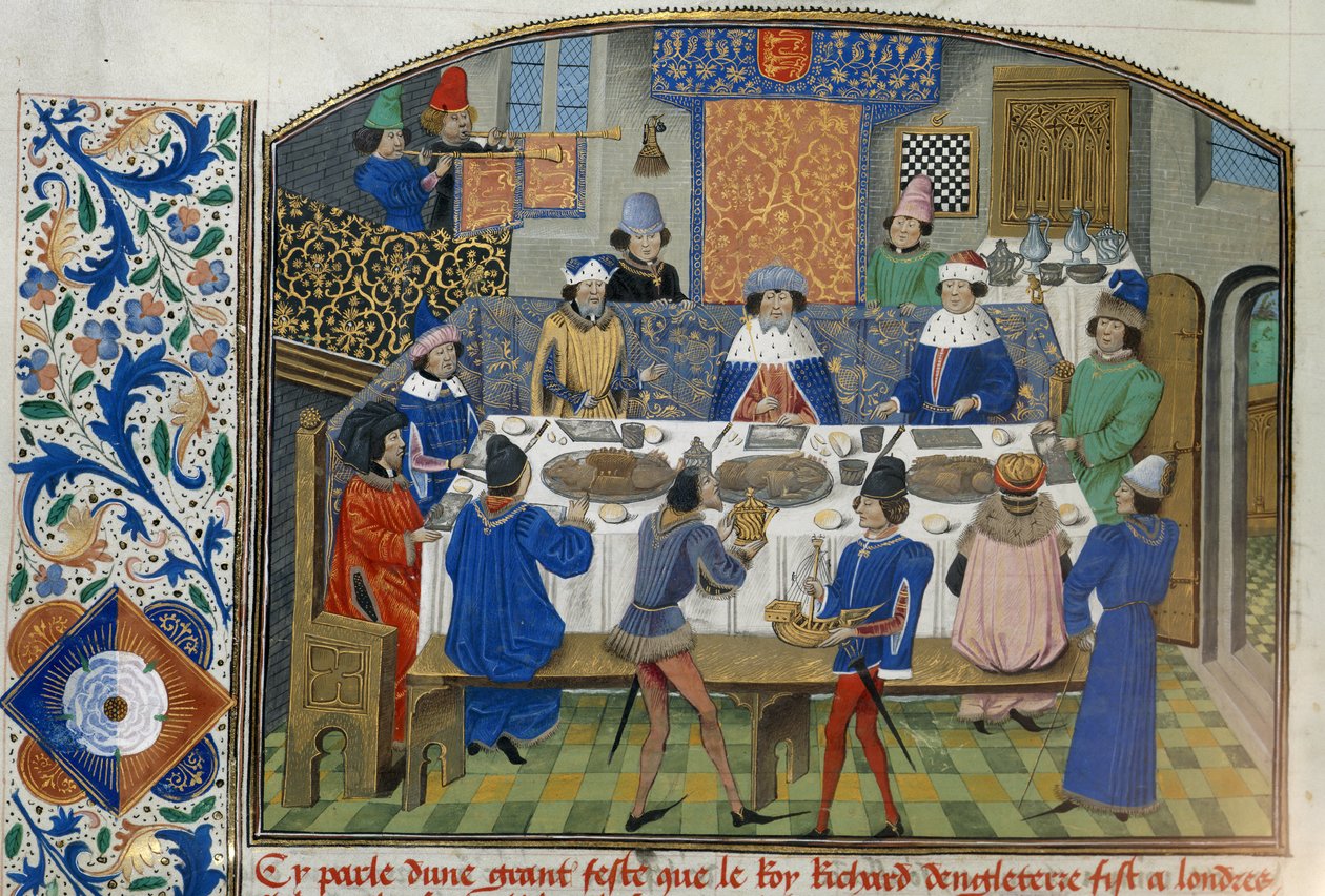 Roy 14 E IV fol.265v Vévodové z Yorku, Gloucesteru a Irska večeří s Richardem II., svazek III „Od korunovace Richarda II. do roku 1387“, Jean de Batard Wavrin (vellum) od French School