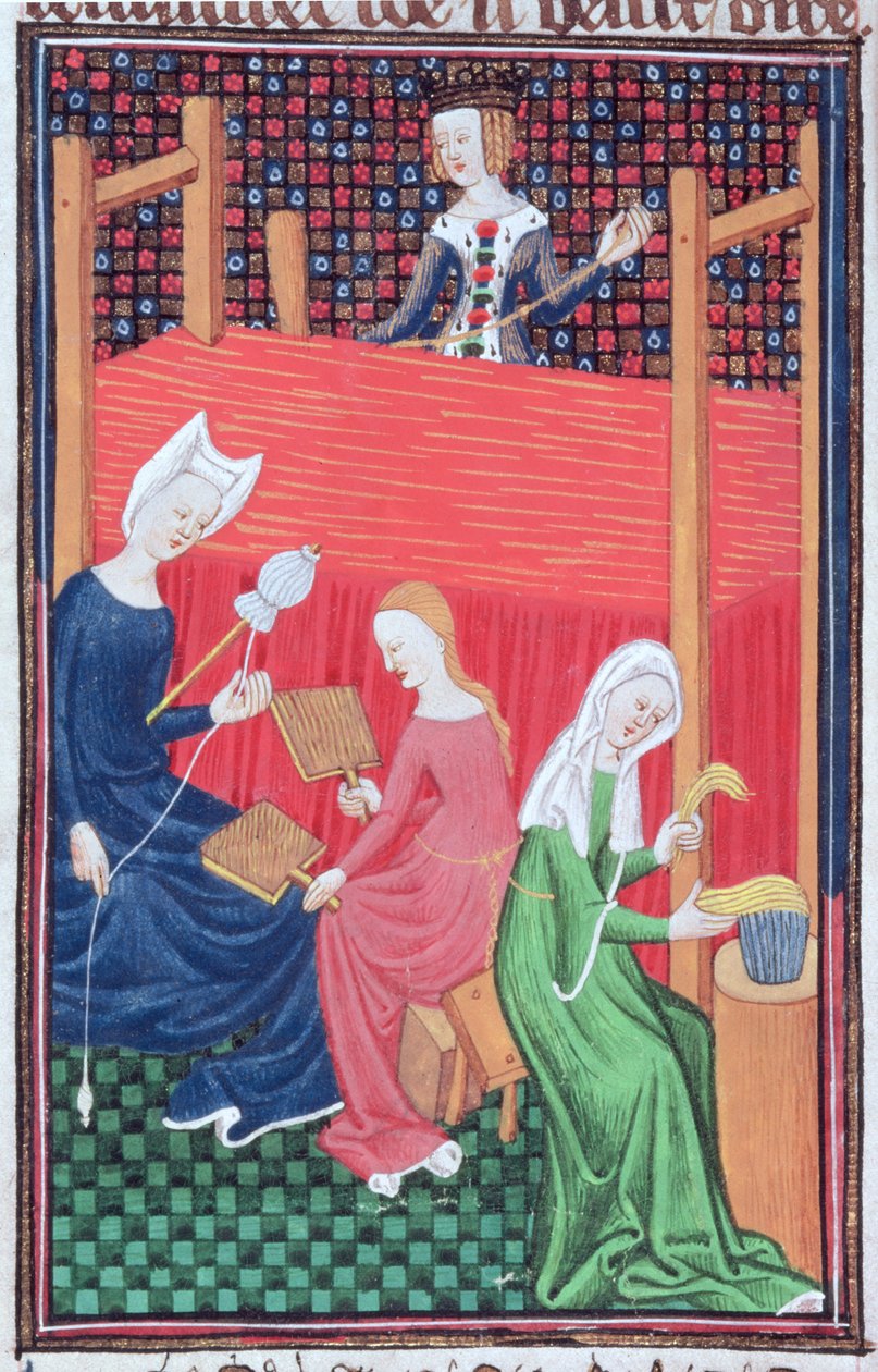 Roy 16 G V f.56 Gaia Caecilia nebo Tanaquil, s tkalcovským stavem a předením žen, od „De Claris Mulierbus“ (vellum) od French School