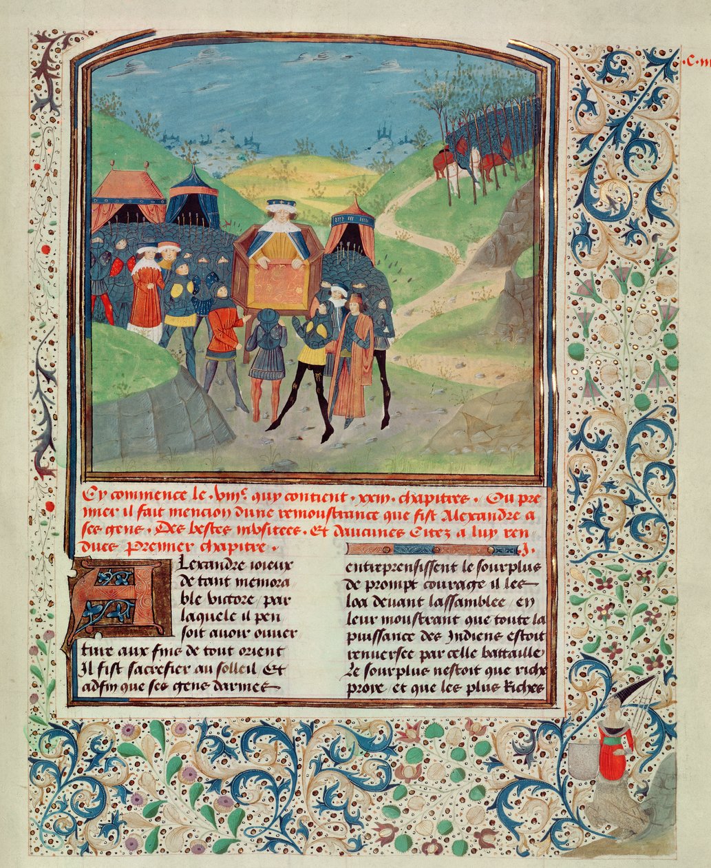 Roy 17 FI f.198 Alexander Veliký oslovuje své muže v naději, že je přesvědčí, aby pokračovali do Indie, z Quinte Curse Ruffe des Fais du Grant Alexandre, kolem 1468 (vellum) od French School