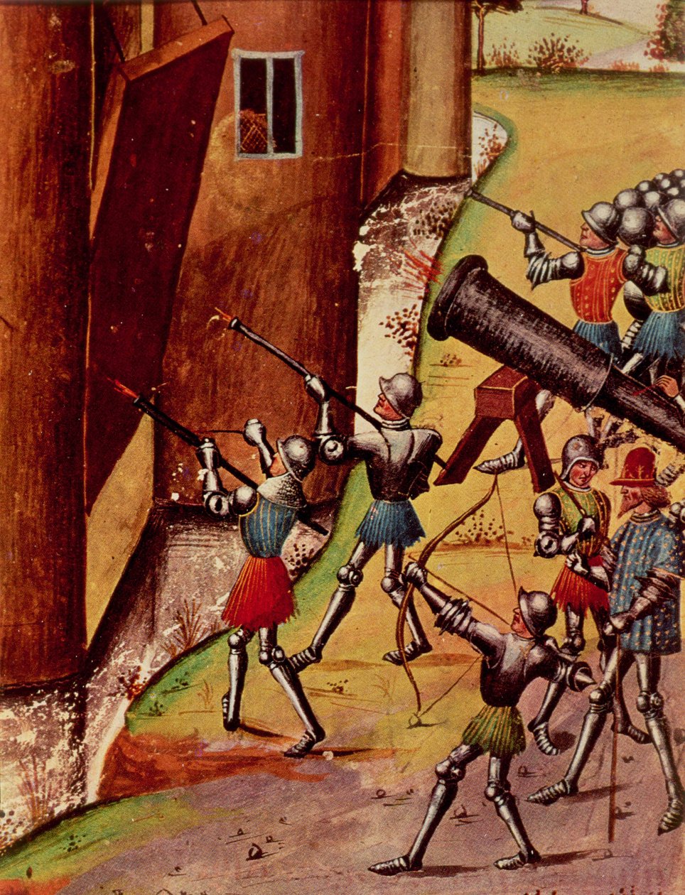 Roy 17 f.1 Vojáci vyzbrojení ručními děly obléhající hrad, z Quinte Curse Ruffe des Fais du Grant Alexandre, kolem 1468 (vellum) od French School