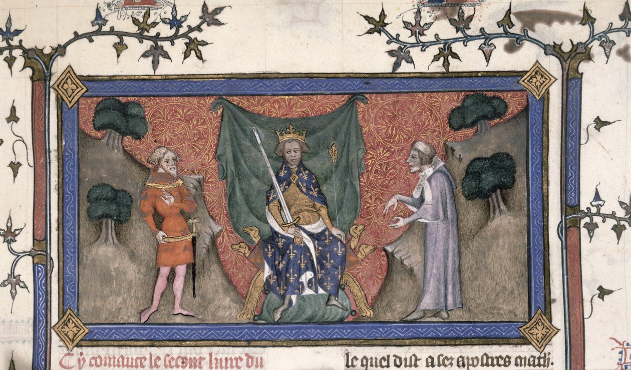 Roy 19 C IV f.154 francouzský král Karel V. (1337-80) trůnící s korunou, mečem a žezlem mezi rytířem a úředníkem od French School