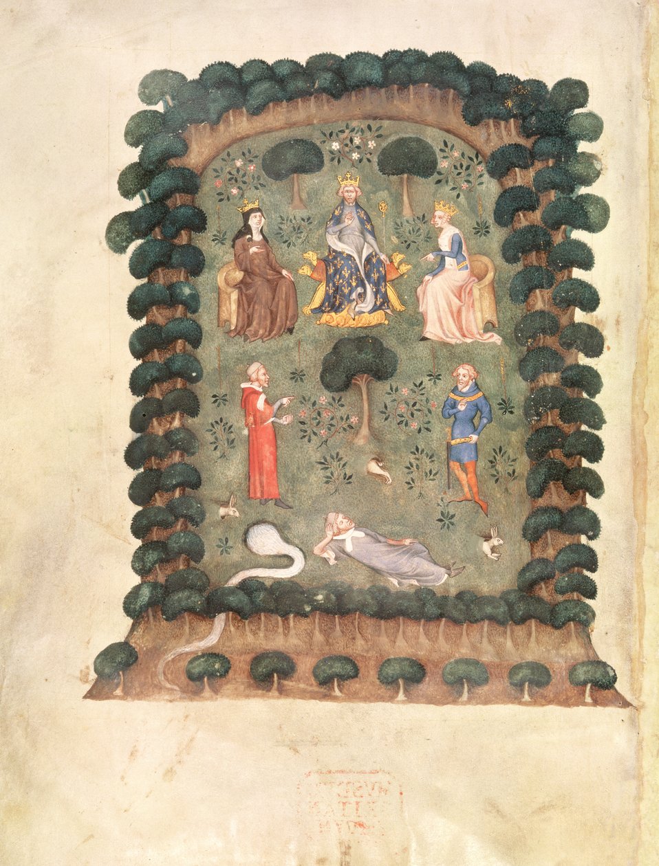 Roy 19 C IV f.298 Karel V. trůnící v zahradě s korunou a žezlem, z 