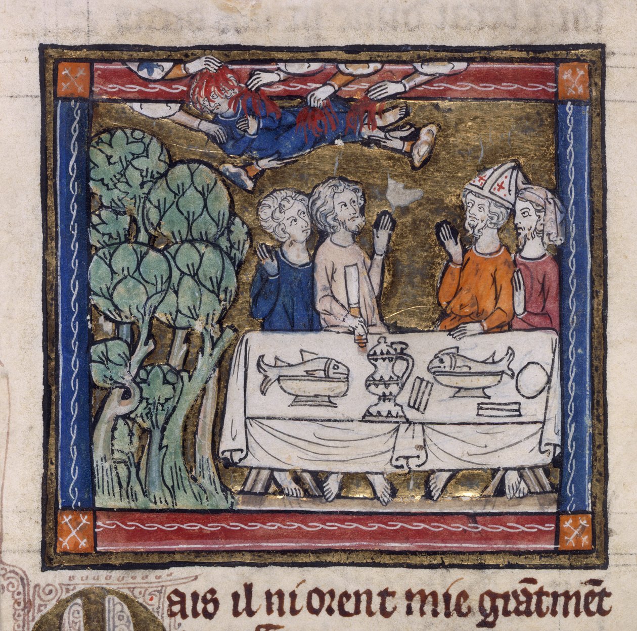 Royal 14 E.III fol.76v Sedm rukou vrhlo oheň na Moyse, z „Romance o Svatém Graalu“ od Roberta de Borron, kolem roku 1315 (vellum) od French School