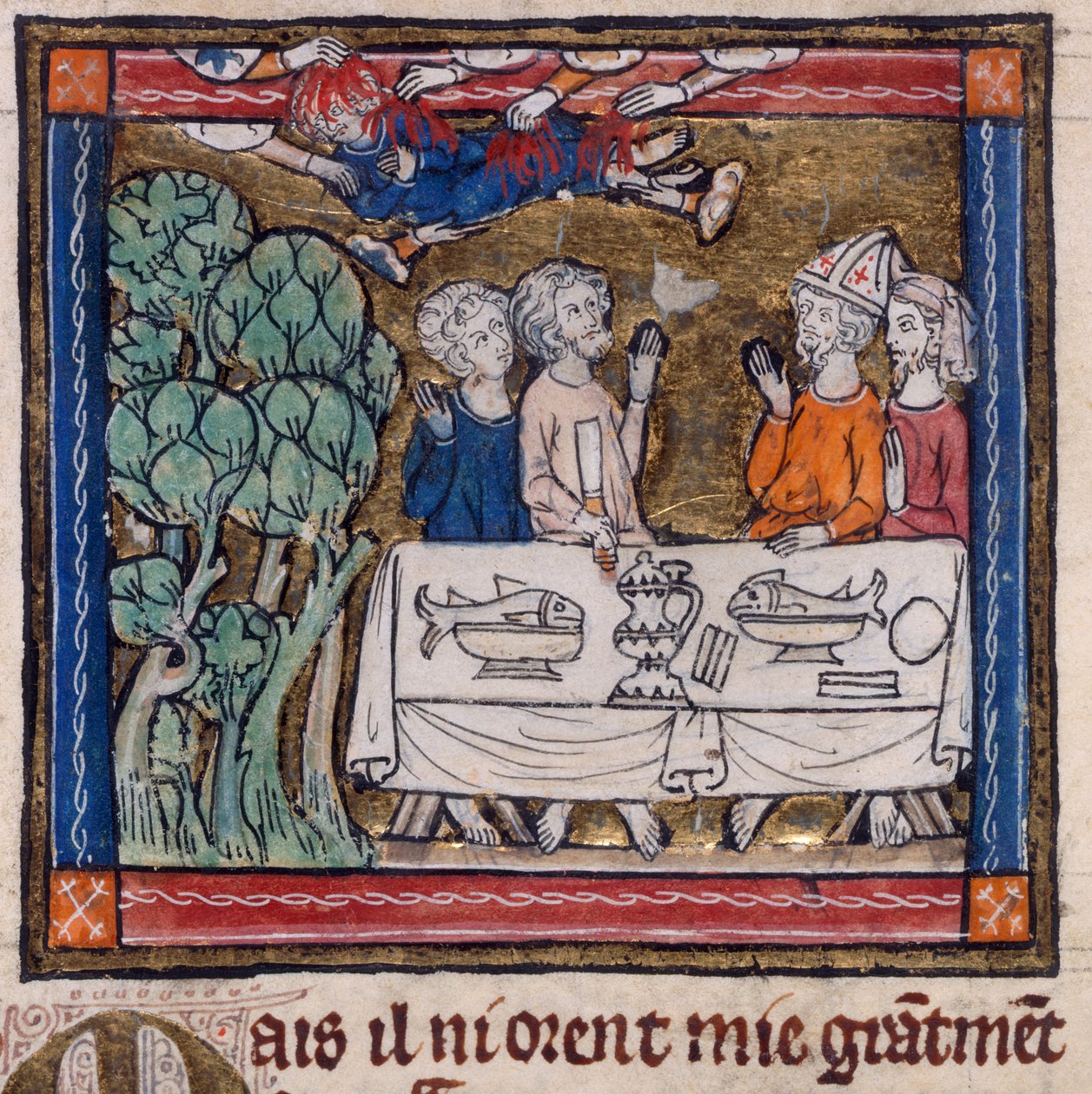 Royal 14 E. III, f.76v Sedm rukou vrhlo oheň na Moyse, ilustrace z „Příběhu Svatého Grálu“ (vellum) od French School