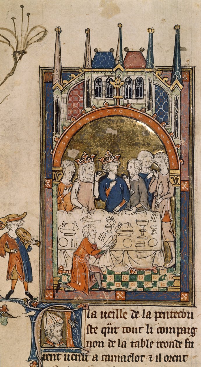 Royal 14 E. III, f.89, Svátek krále Artuše, Král Artuš a Guinevera na banketu, se sluhou klečícím před stolem krájejícím chleba, z „La Queste del Saint Graal“, kolem 1315-25 (vellum ) od French School