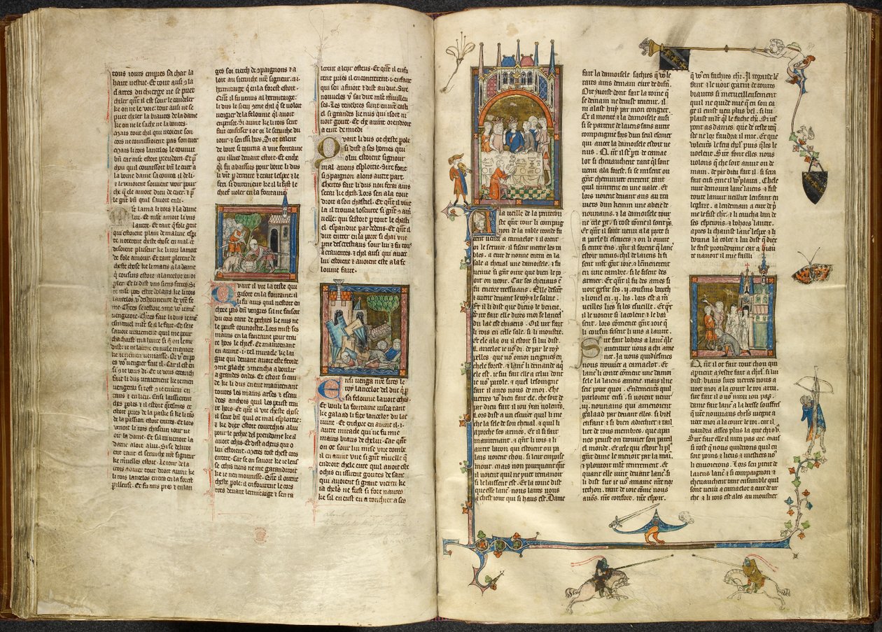 Royal 14 E. III, ff.88v-89 Lancelot vyjímá hlavu svého sťatého dědečka, krále, z vroucí studny; budova se hroutí na dva rytíře. Vpravo miniatura Artuše a Guinevery sedících na banketu z 