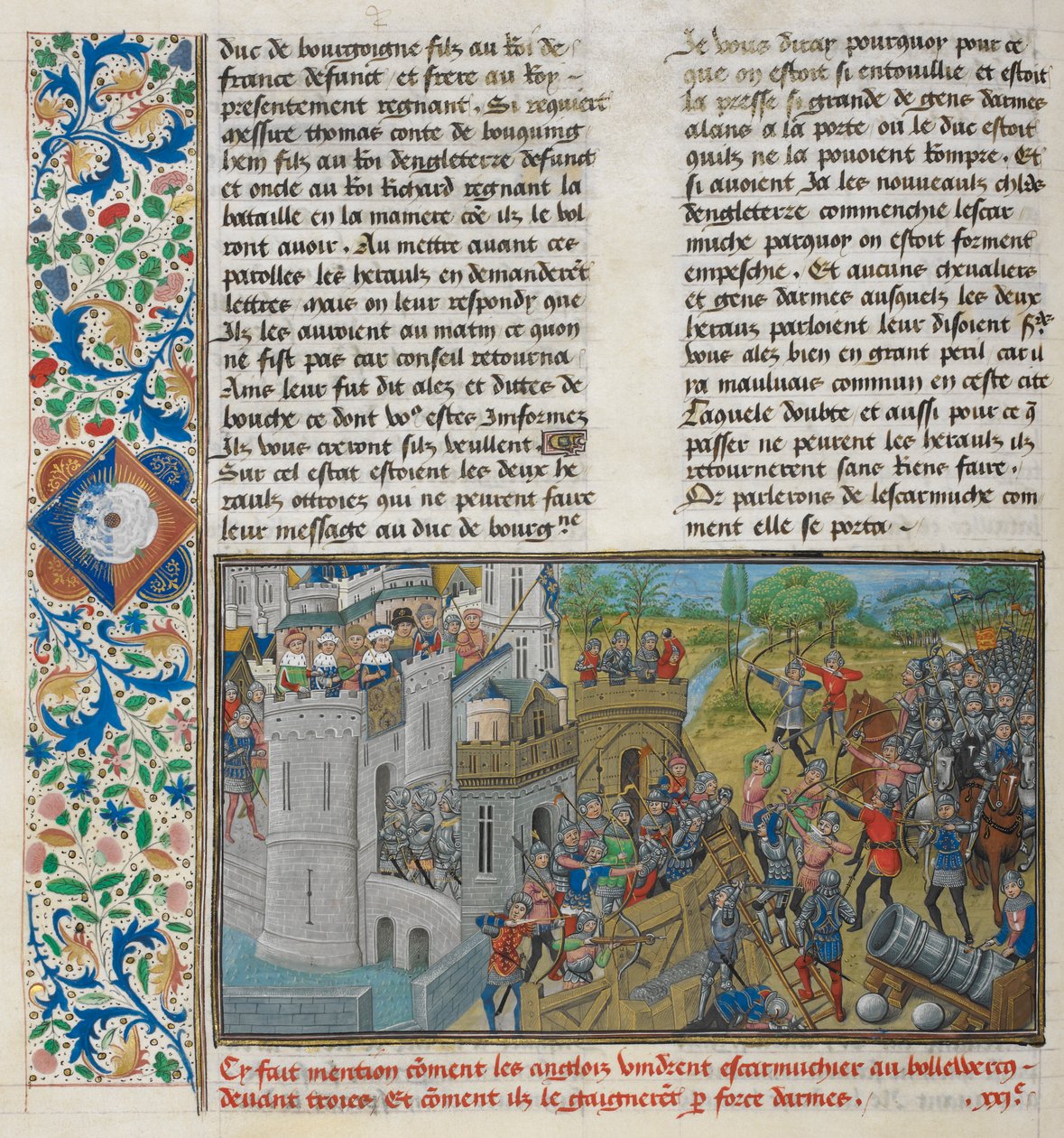 Royal 14 E. IV, f.59v Dobytí bašty v Troyes, ze „Starých a nových kronik Anglie“, Jean de Wavrin, kolem 1470-80 (vellum) od French School