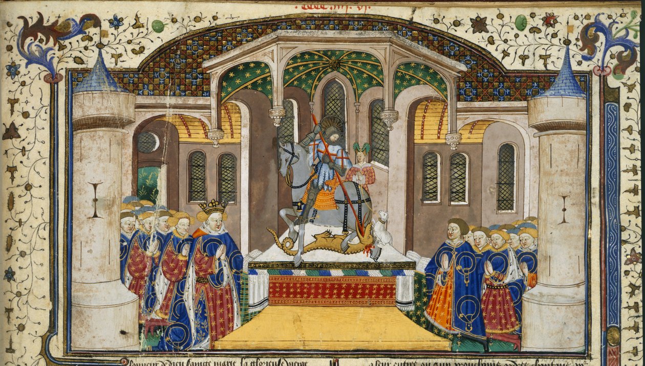 Royal 15 E. VI, f.439 Král Jindřich VI. a rytíři seskupení kolem oltáře, který je převýšen svatým Jiřím a drakem, z „Shrewsbury Talbot Book of Romances“, Rouen, kolem roku 1445 (inkoust, barva a zlato na pergamenu) od French School
