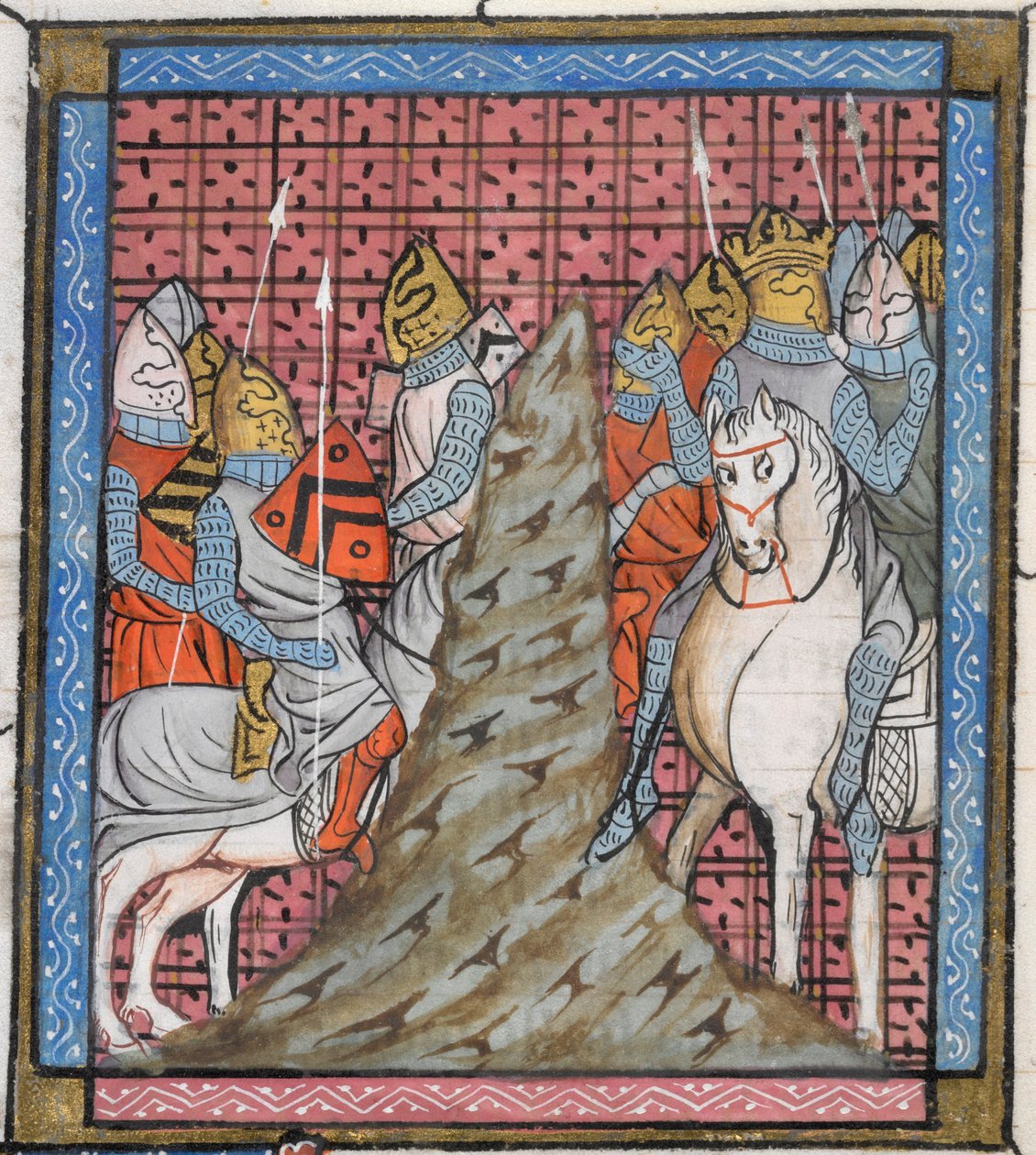 Royal 16 G. VI, f.317v Detail miniatury divize křižácké armády při přechodu hory, ilustrace z 