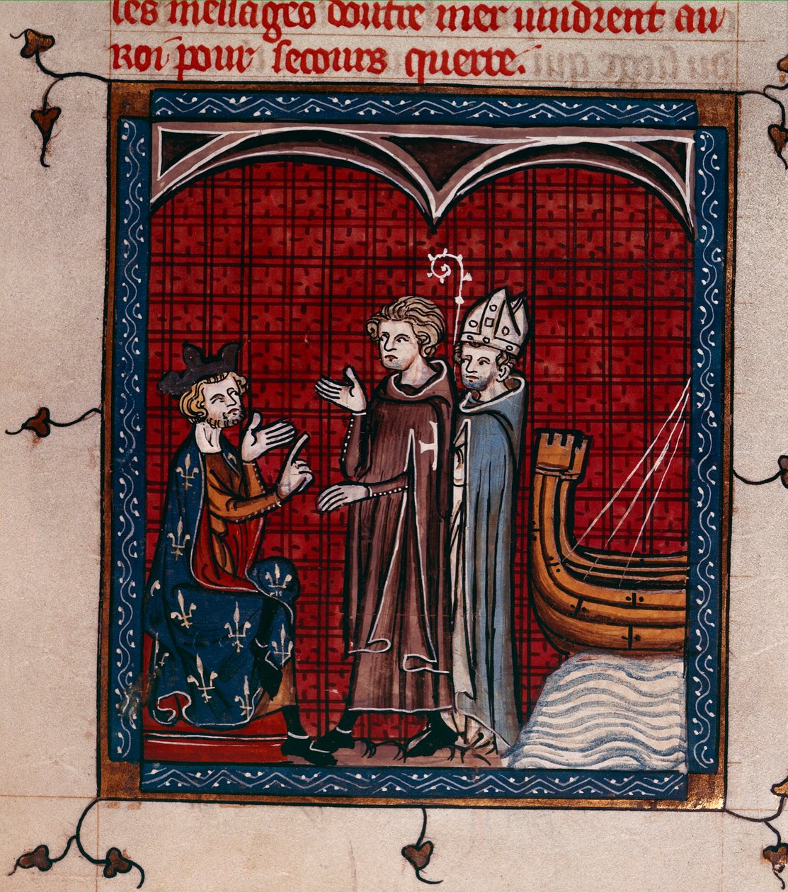 Royal 16 G. VI, f.337 Král Filip II. a patriarcha, ilustrace z 