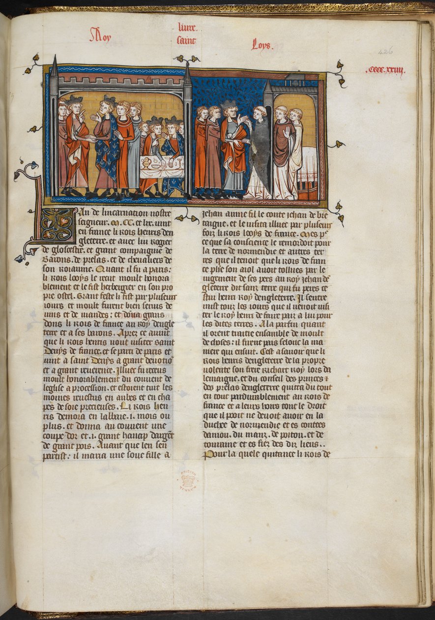 Royal 16 G VI f.426r Miniatura Jindřicha III. na návštěvě Ludvíka IX. a Jindřicha III. v St Denis, stránka z 