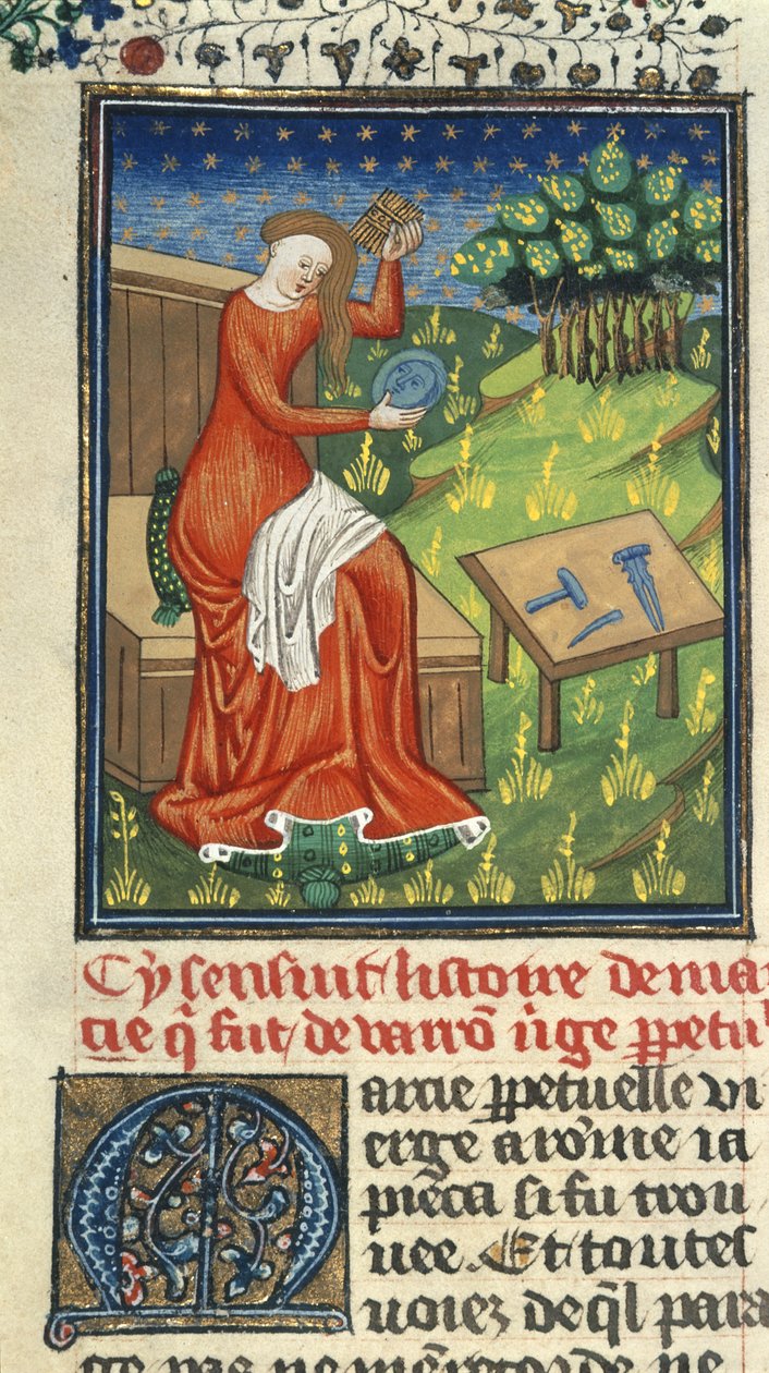 Royal 16 G. V, f.80 Jaia of Cyzicus, s hřebenem, zrcadlem a sochařskými nástroji, ilustrace z 