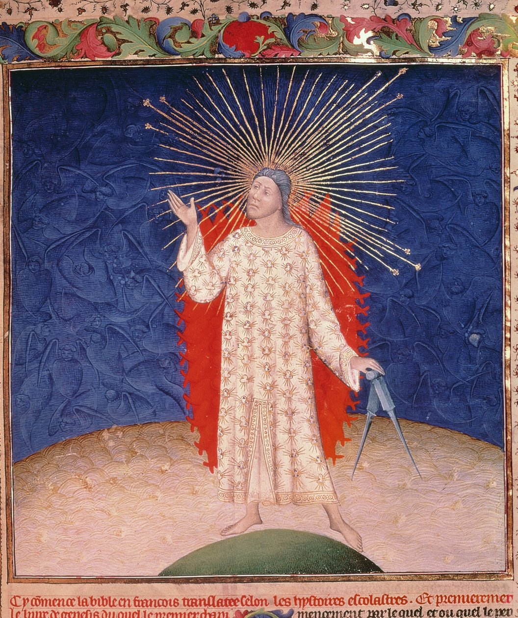 Royal 19 D III, f.3: Bůh obklopený ohněm s párem kompasů, z Bible Historiale od Guyarta des Moulins, c.1411 (vellum) od French School