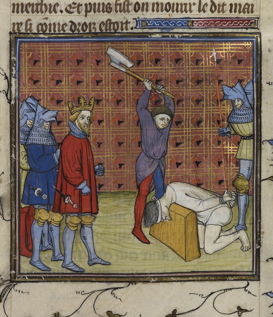 Royal 20 C. VII f.134v Vůdci povstání Jacquerie proti francouzské šlechtě sťatí na příkaz navarrského krále z „Chroniques de France ou de St Denis“ (inkoust, barva a zlato na pergamenu) od French School