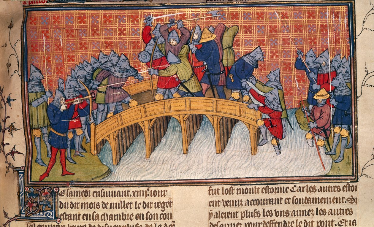 Royal 20 C. VII, fol. 137 Bitva na mostě přes Seinu během stoleté války, z 