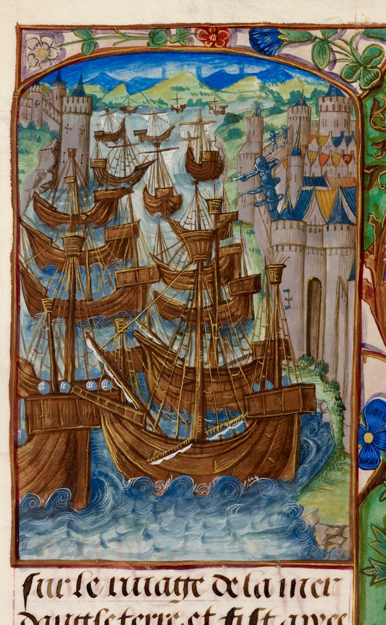 Royal 20 E. III, fol. 186v Francouzská flotila zaútočila u Sluys, z 