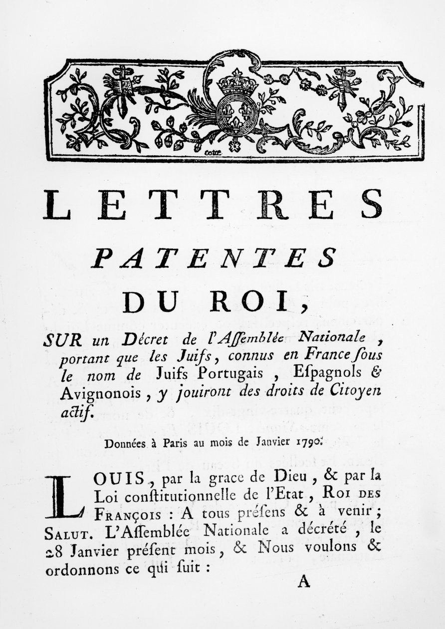 Royal Letters Patent poskytující stejná práva pro portugalské, španělské a avignonské Židy ve Francii, Paříž, 28. ledna 1790 (viz také 695057) od French School