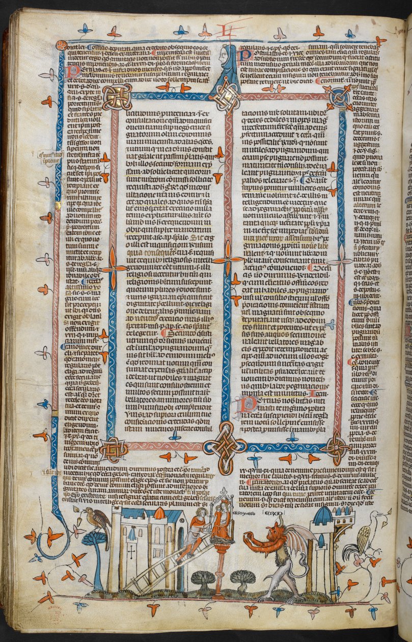 Royal MS 10 E IV, f.209v, Malíř a ďábel, z Decretals of Gregory IX s leskem Bernarda z Parmy (