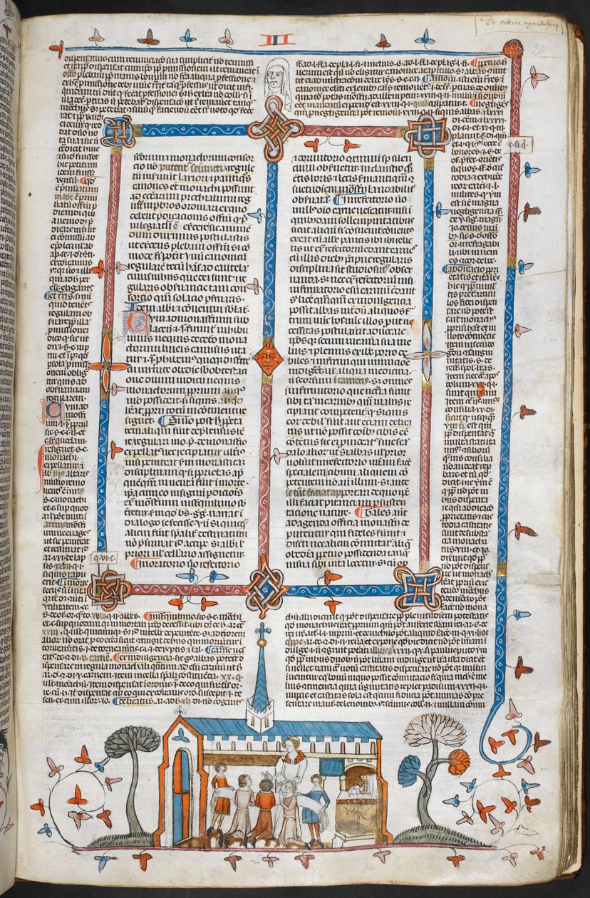 Royal MS 10 E IV f.211r, basdepage scéna komunikujících na mši, cca 1300-40 (pero & tuš a tempera na pergamenu) od French School