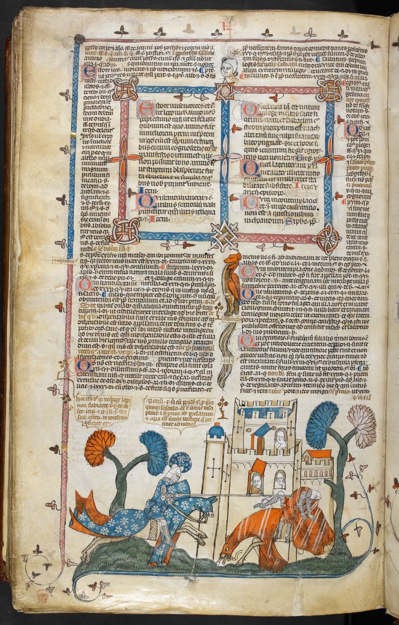 Royal MS 10 E IV f.313v, basdepage scéna jednoho rytíře, jak sundává koně druhému před hradem, cca 1300-40 (pero, inkoust a tempera na pergamenu) od French School