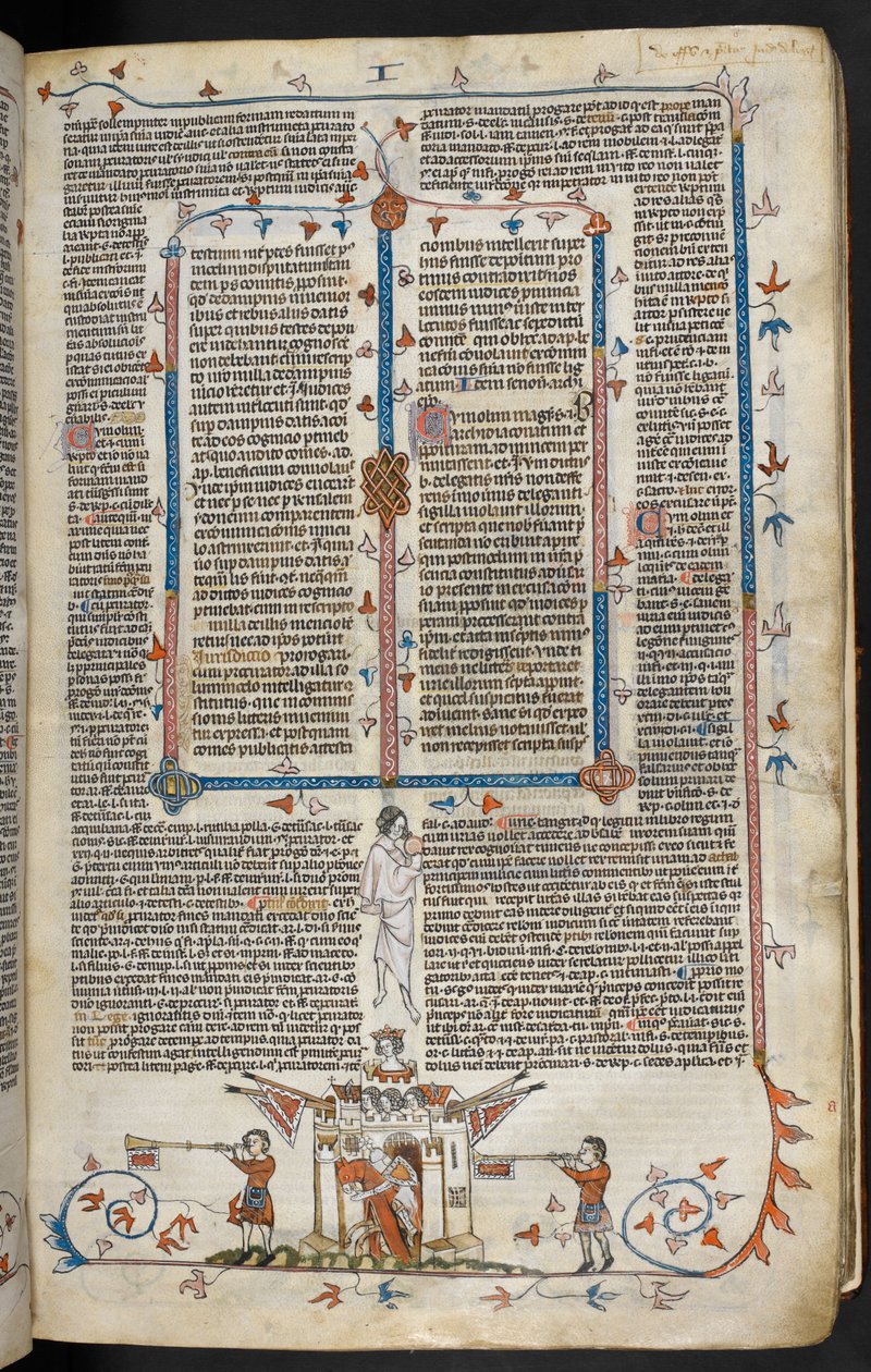 Royal MS 10 E IV f.66r, basdepage scéna rytíře na koni vycházejícího z hradu, cca 1300-40 (pero, inkoust a tempera na pergamenu) od French School