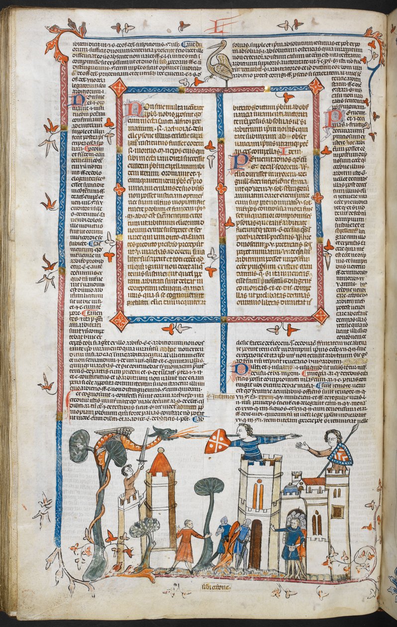 Royal MS 10 E IV f.88v, basdepage scéna draka útočícího na hrad, cca 1300-40 (pero, inkoust a tempera na pergamenu) od French School