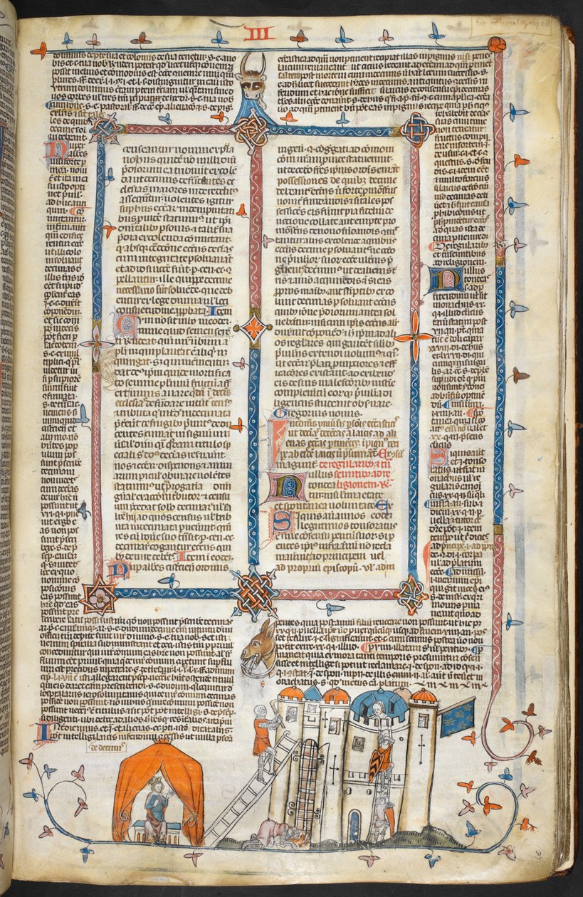 Royal MS 10 iv f.202r Attacking a Fortified Castle and Marginal Decoration, ilustrace z 