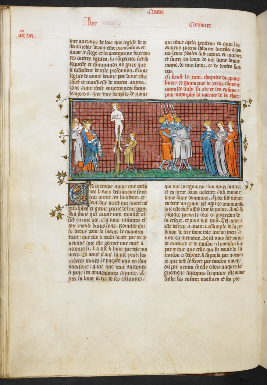 Royal MS 16 G. VI, Smrt Romhildy, Romhildiny dcery zachraňující svou čest (Kniha 4, 24), z Les Grandes Chroniques de France od French School