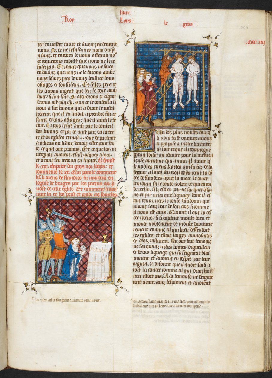 Royal MS 16 G. VI, f.306r, Vražda Karla, hraběte z Flander oběšen (Louis VI, kniha 20), z Les Grandes Chroniques de France od French School