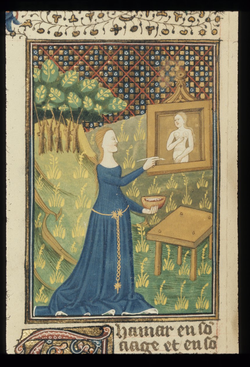 Royal MS 16 G V f.068v Stránka z De claris mulieribus v anonymním francouzském překladu (Le livre de femmes nobles et renomées) od Giovanniho Boccaccia, kolem 1440 (barva a zlato na pergamenu) od French School