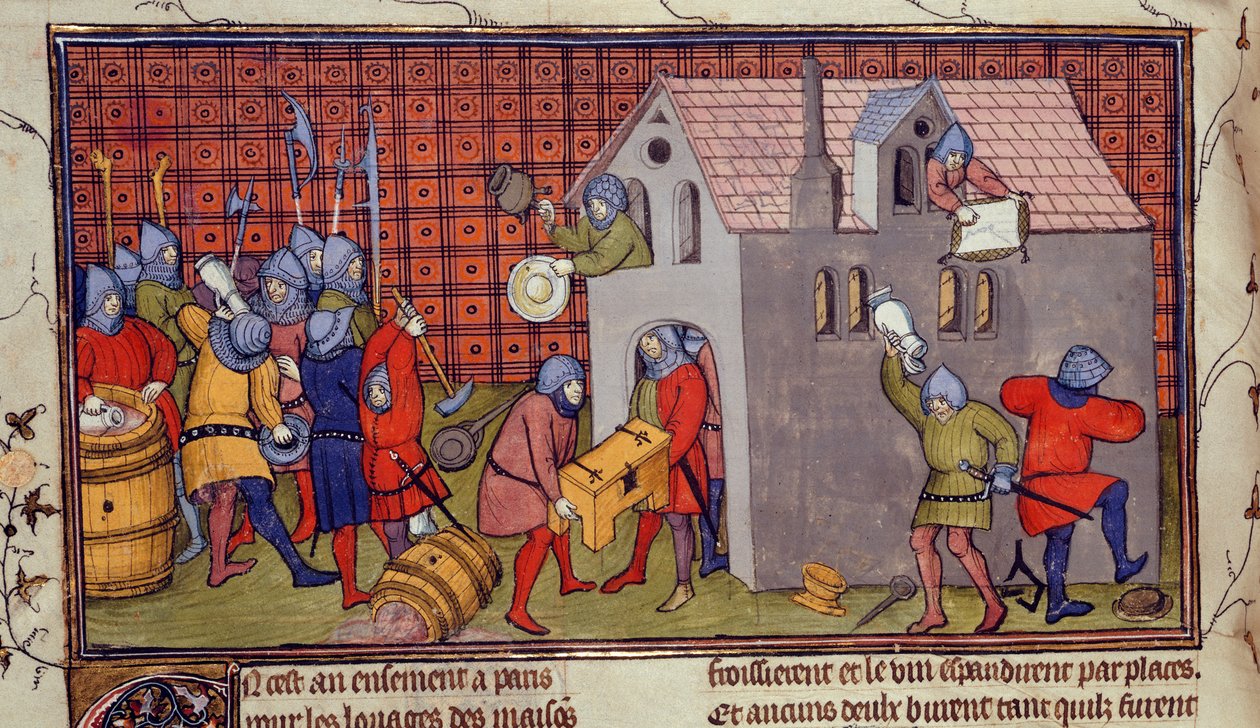 Royal MS 20 CVII f.41v, Vyrabování domu (vellum) od French School
