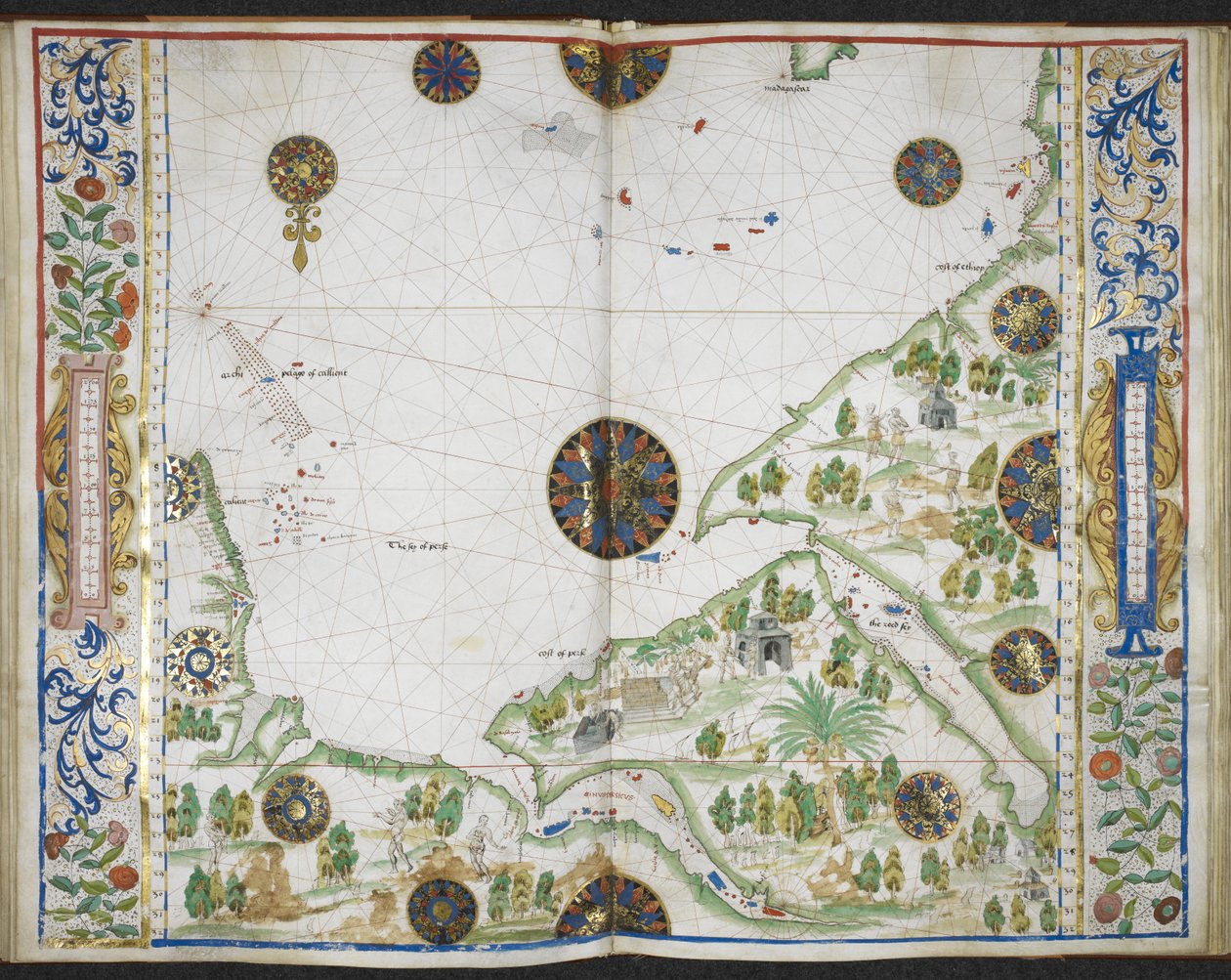 Royal MS 20 E IX f.11v až f.12r Mapa pobřeží Asie a Afriky od mysu Comorin po mys Delgado, včetně Perského zálivu a Rudého moře, z knihy 