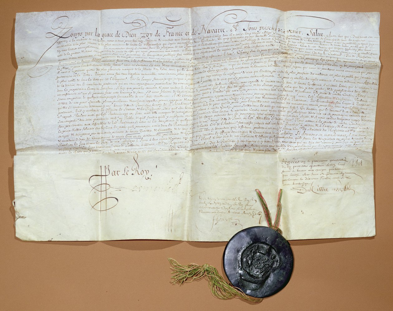 Královský dekret o vytvoření Francouzské akademie, 1635 (inkoust na pergamenu) od French School