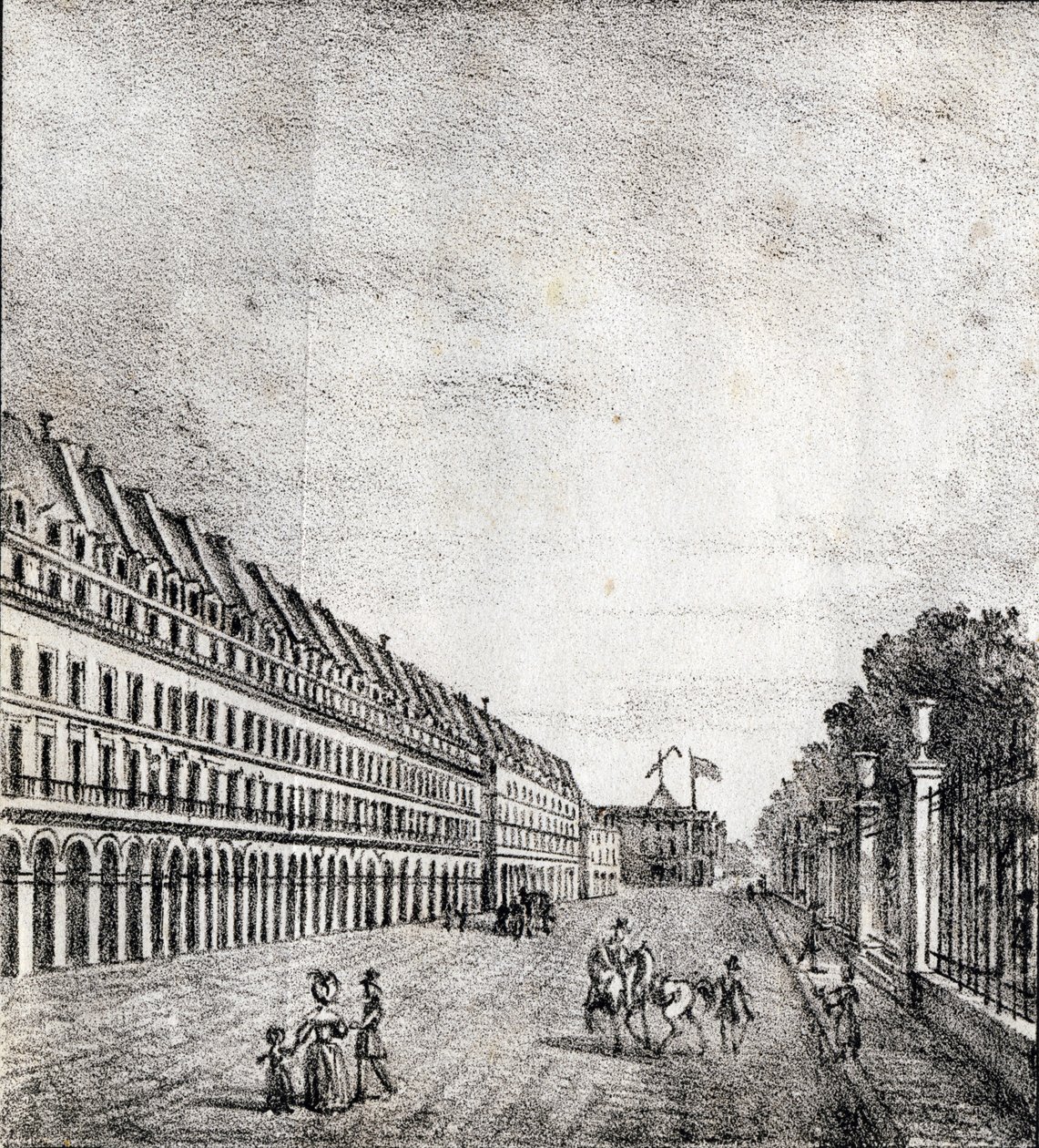 Rue de Rivoli, Paříž - "Alphabet Picturesque des Monumens de Paris" kolem roku 1840 (rytina) od French School