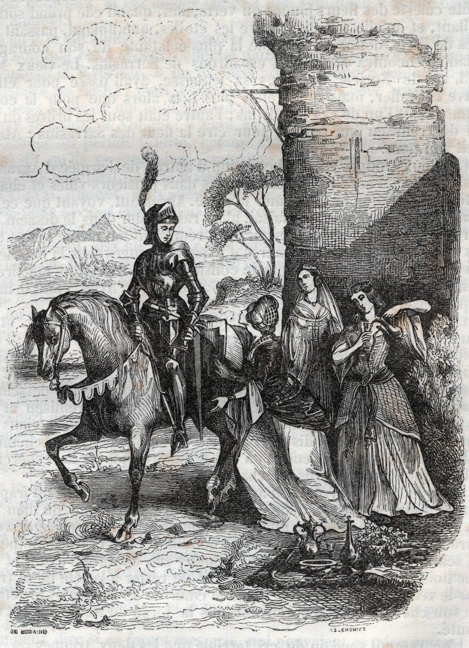 Ruggiero a tři nymfy ze dvora Alcina - rytina z roku 1851 z básně Orlando furioso od French School