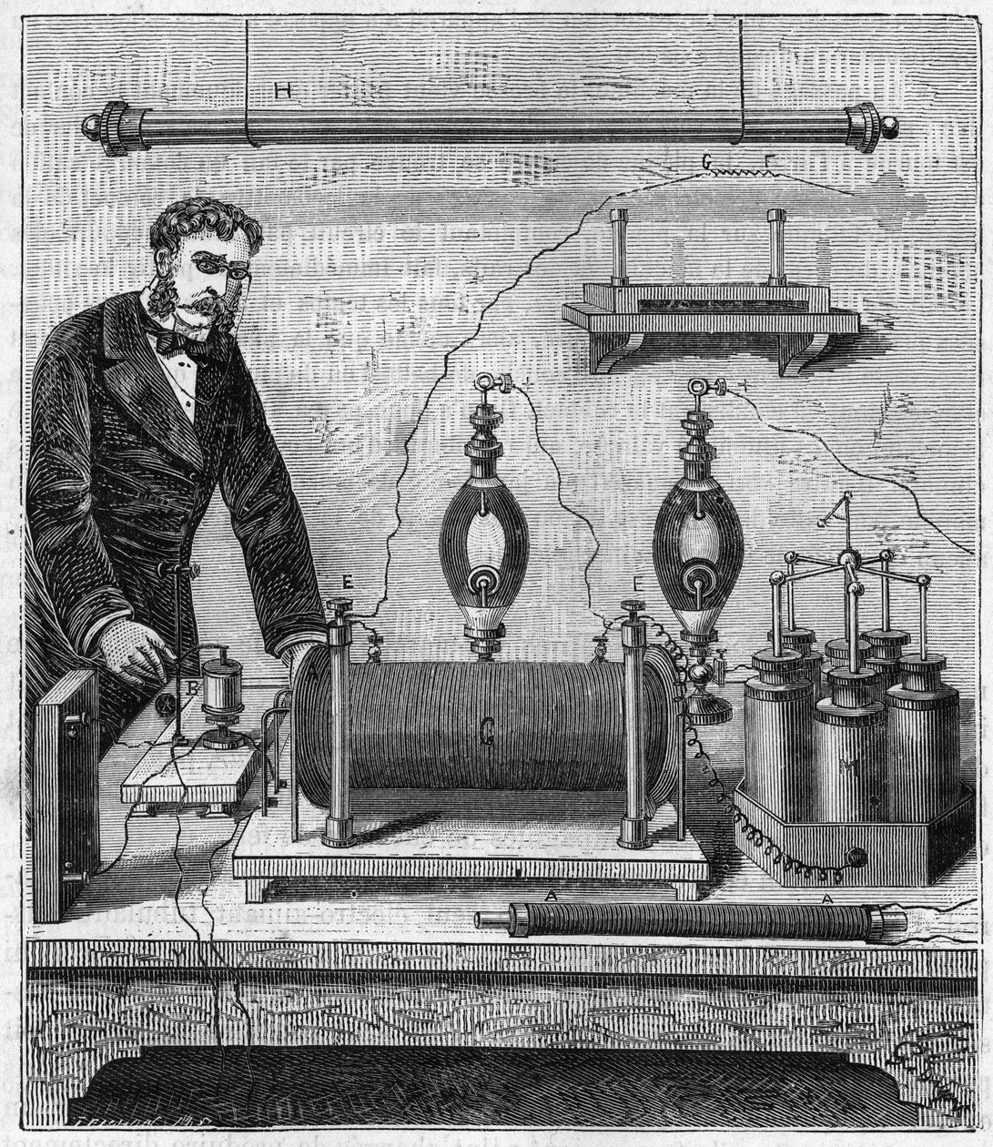 Ruhmkorffův induktor – Indukční cívka od Ruhmkorffa (Heinrich Daniel Ruhmkorff) – Rytina „“ Vědy dostupné všem – fyzika a chemie““ od Alexise Clerca – Konec 19. století – Soukromá sbírka od French School