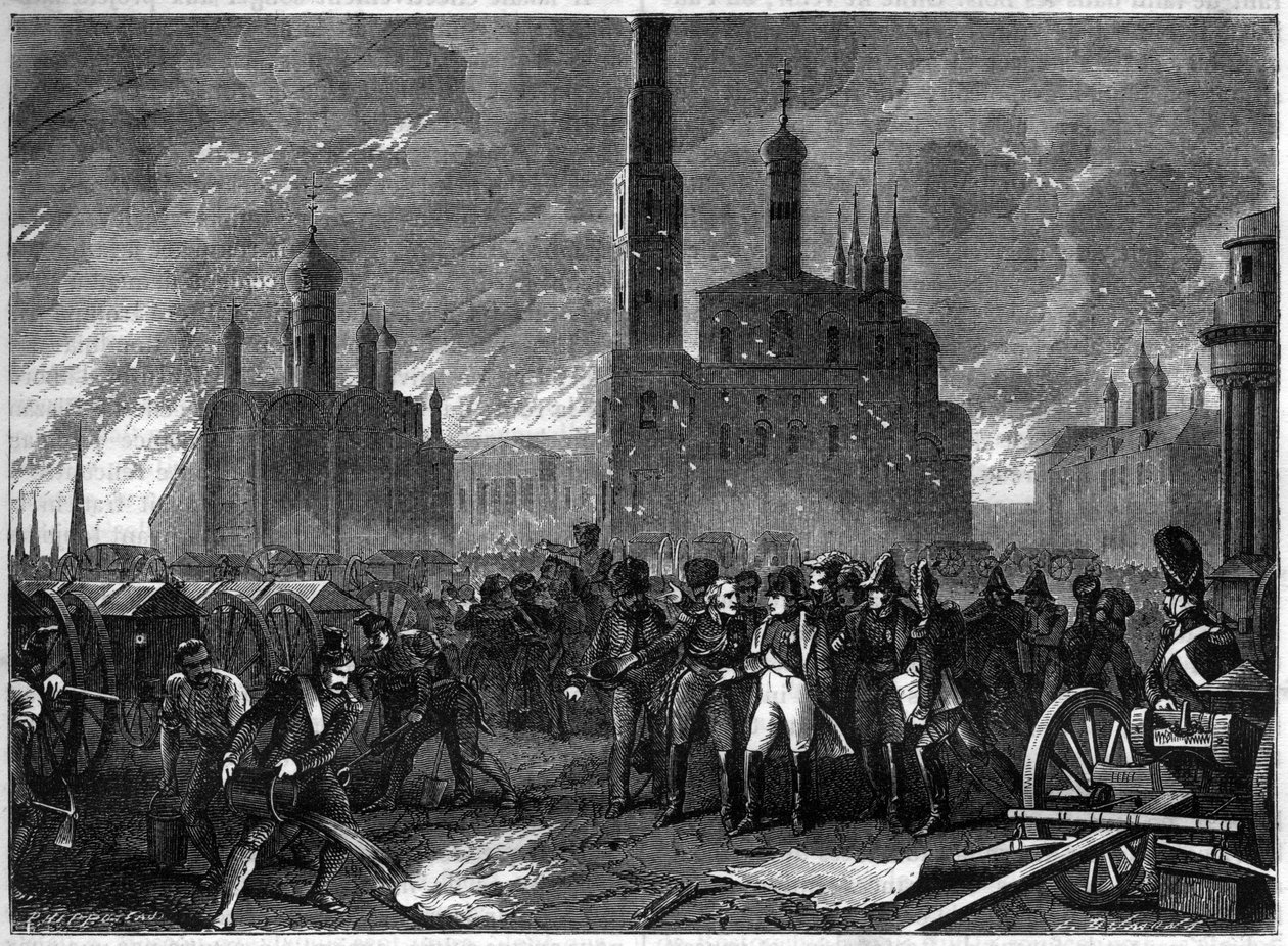 Ruské tažení 1812 - Generál Jean Ambroise Baston de Lariboisiere naléhá na Napoleona, aby opustil Kreml kvůli nebezpečí výbuchu - Požár v Moskvě v roce 1812 - Generál Lariboisiere donutí Napoleona opustit Kreml a hrozí hrozivý výbuch - od French School