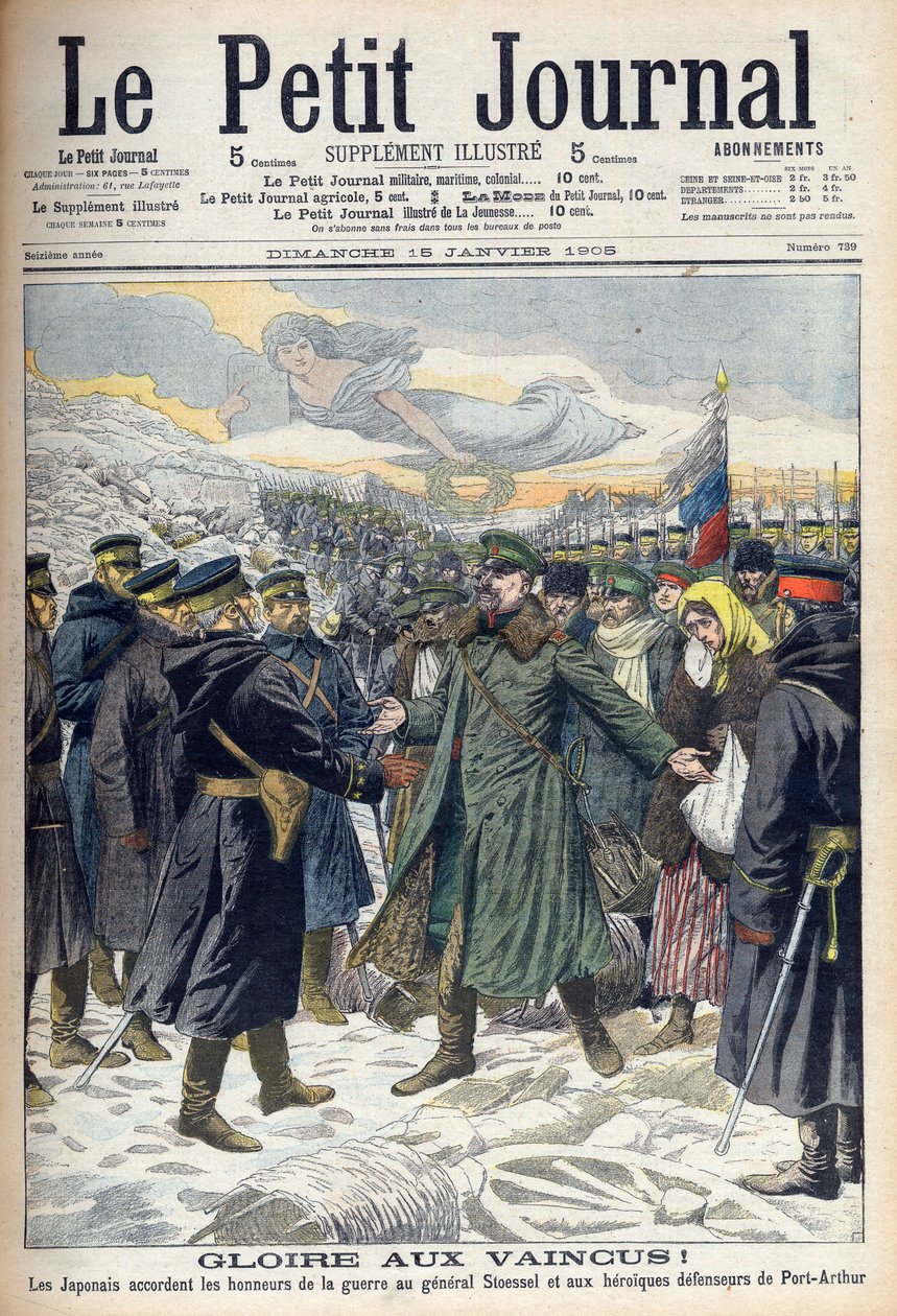 Rusko-japonská válka 1904-1905: Japonci umožnili generálu Stoesselovi a ruským obráncům Port Arthur čestnou kapitulaci. Z Le petit Journal, Paříž od French School