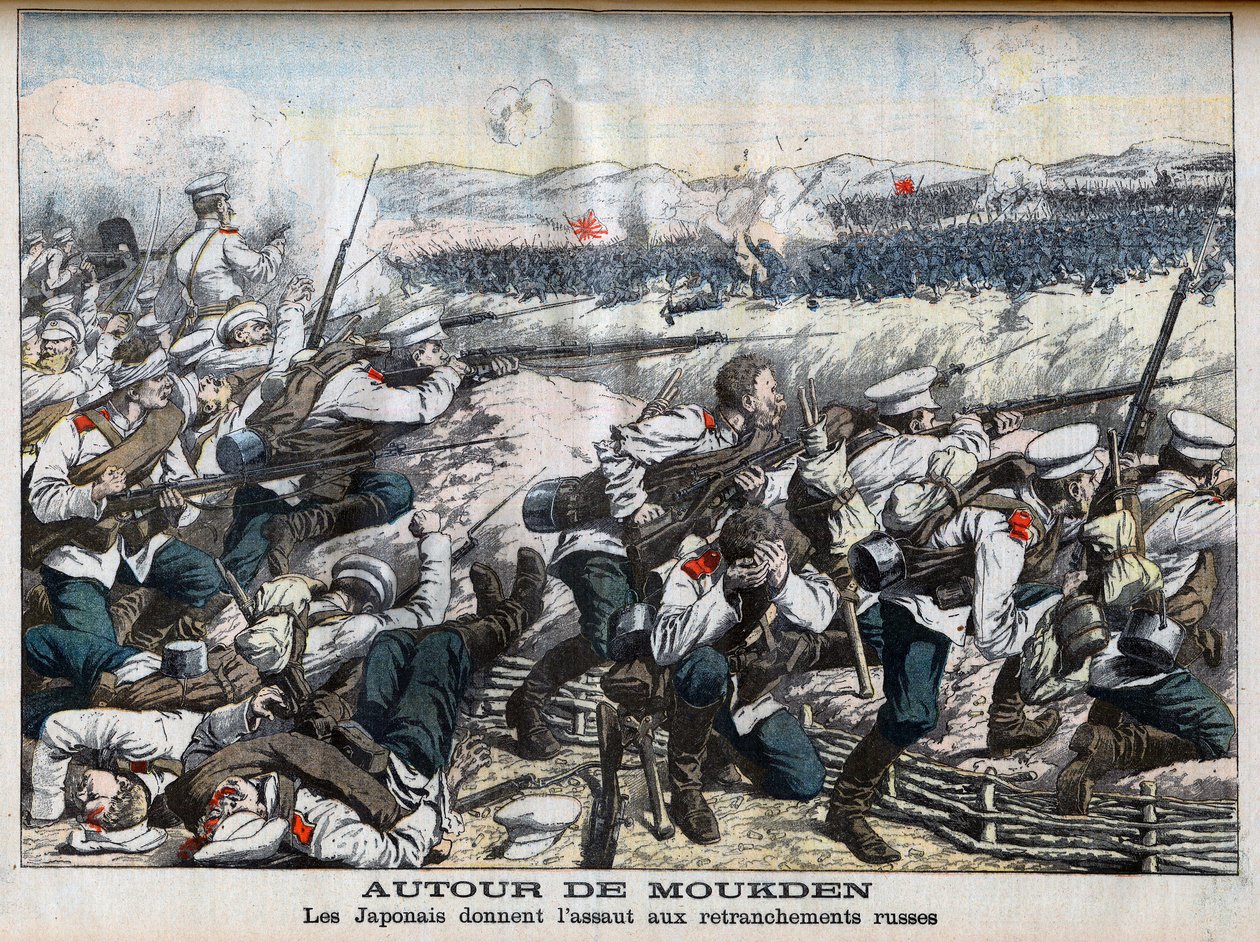 Rusko-japonská válka – japonský útok na ruské zákopy u Mukdenu, rusko-japonská válka. Kolem Moukdenu. Japonci útočí na ruské zákopy. Ilustrace pro Le petit Journal, 2. října 1904. od French School