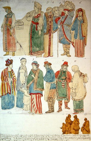Ruské kostýmy, cca 1792 (akvarel na papíře) od French School