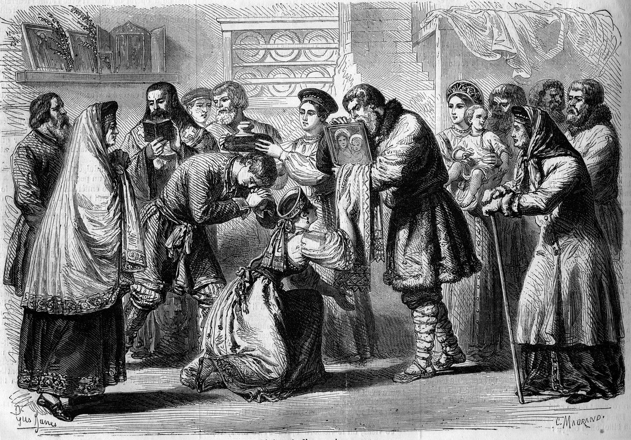 Ruský zvyk - Svatba - 1860: předsvatební obřad. Kmotr a kmotra žehnají budoucím manželstvím. Kmotr jim předkládá obraz Krista nebo Panny, symbol náboženského zasvěcení. Kmotřička drží chléb a sůl nad hlavou od French School