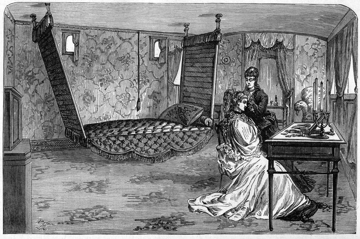 Ruský císařský vlak používaný vévodou a vévodkyní z Edinburghu v roce 1874: ložnicový vůz. Rytina v „“ Le Monde Illustré““ č. 886 ze dne 6. dubna 1874. od French School