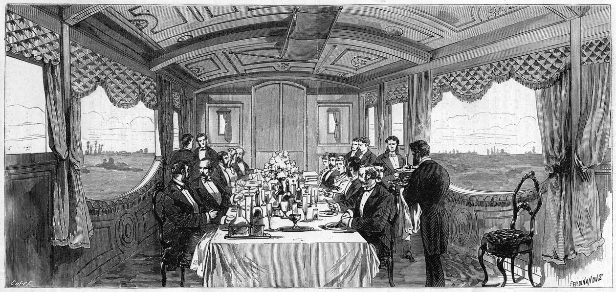 Ruský císařský vlak používaný vévodou a vévodkyní z Edinburghu v roce 1874: jídelní vůz. Rytina v „“ Le Monde Illustré““ č. 886 ze dne 6. dubna 1874. od French School
