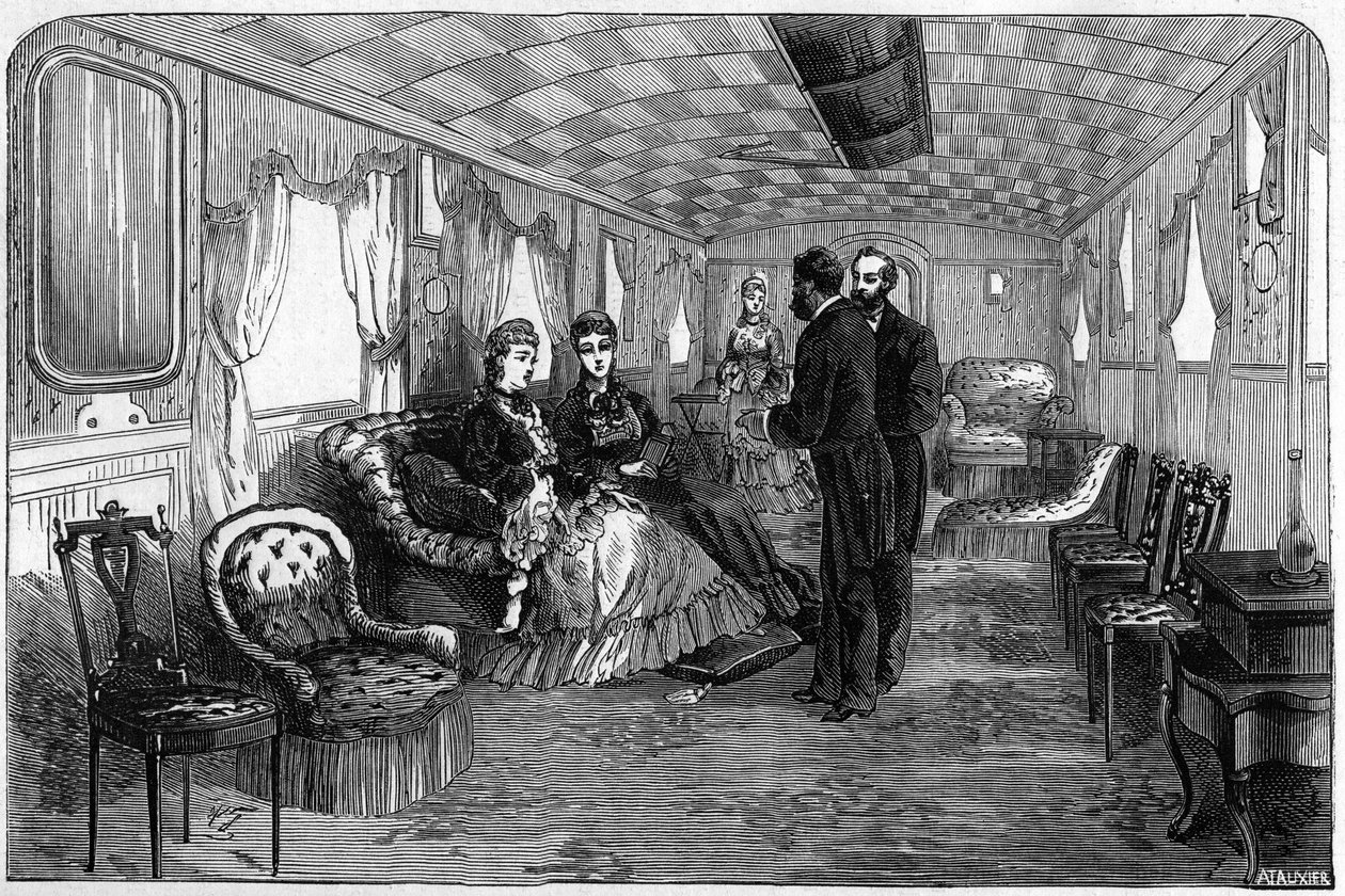 Ruský císařský vlak používaný vévodou a vévodkyní z Edinburghu v roce 1874: salonní vůz. Rytina v „“ Le Monde Illustré““ č. 886 ze dne 6. dubna 1874. od French School