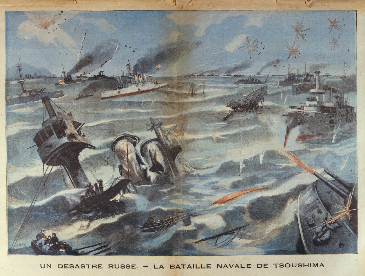 Ruská námořní katastrofa během bitvy u Cušimy v roce 1905, ilustrace z Le Petit Parisien, 2. července 1906 od French School