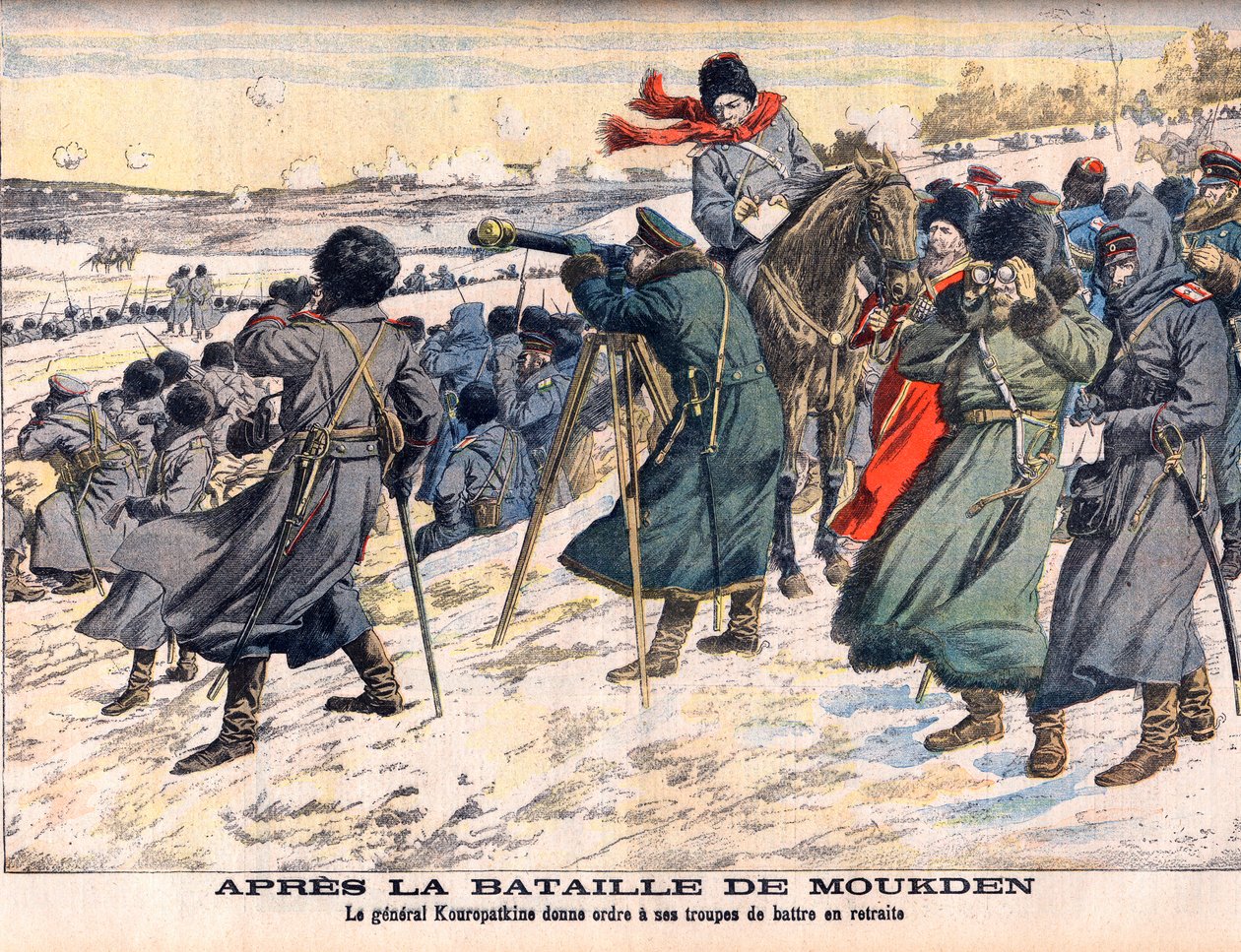 Rusko-japonská válka – po bitvě u Mukdenu Ruský velitel, generál Kuropatkin, nařídil ústup své armády. Rusko-japonská válka (1904-1905) – po bitvě u Mukdenu. Generál Kuropatkin nařizuje svým vojákům ustoupit. Ilustrace pro Le p od French School